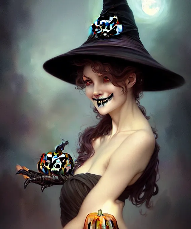 Image similar to halloween witch woman in a hat smiles, fantasy magic, undercut hairstyle, dark light night, intricate, elegant, sharp focus, illustration, highly detailed, digital painting, concept art, matte, art by wlop and artgerm and greg rutkowski and alphonse mucha, masterpiece