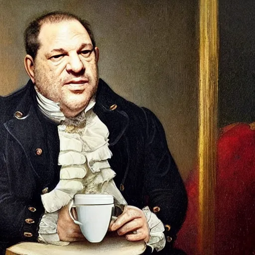 Prompt: Harvey Weinstein in 18th century British officer\'s outfit, drinking coffee