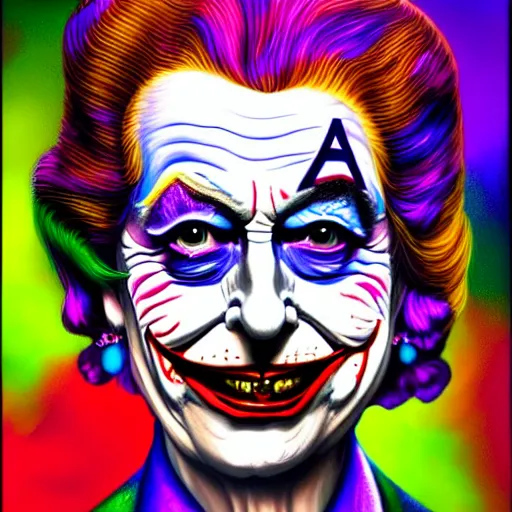 Image similar to An extremely psychedelic portrait of Queen Elizabeth as the Joker, surreal, LSD, face, detailed, intricate, elegant, lithe, highly detailed, digital painting, artstation, concept art, smooth, sharp focus, illustration