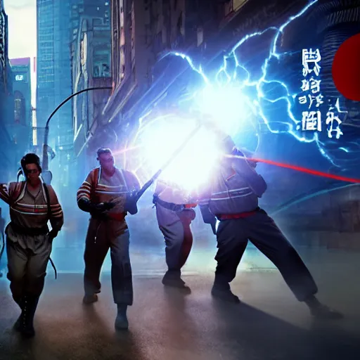 Image similar to ghostbusters in feudal japan, steam punk aesthetic, cinematic quality, high octane, splash art, movie still, cinematic lighting, ray tracing, detailed face, octane render, long lens, shallow depth of field, bokeh, anamorphic lens flare, 8 k, hyper detailed, 3 5 mm film grain