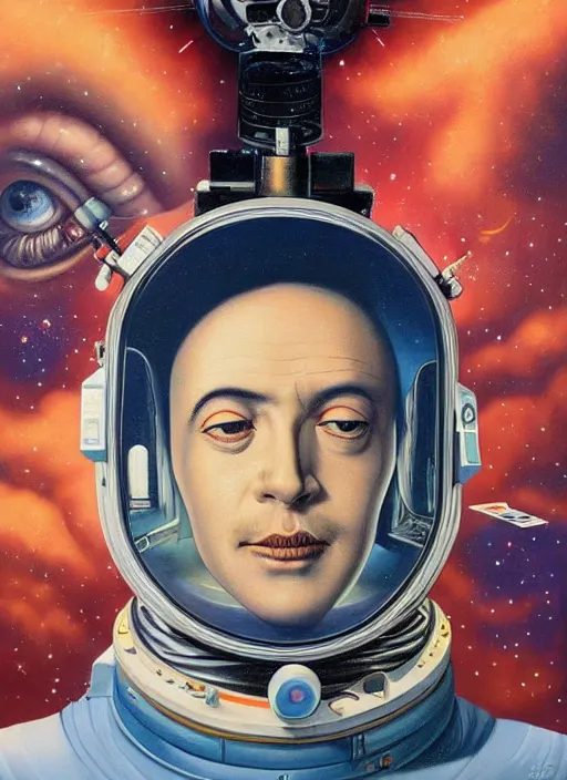 Prompt: beautiful portrait painting of the first man in space with aliens, by Afarin Sajedi, Alessandro Barbucci, Alex Gross, Shin Jeongho, Shohei Otomo. trending on Artstation, 8k, masterpiece, face enhance, graffiti paint, fine detail, full of color, intricate detail, golden ratio illustration