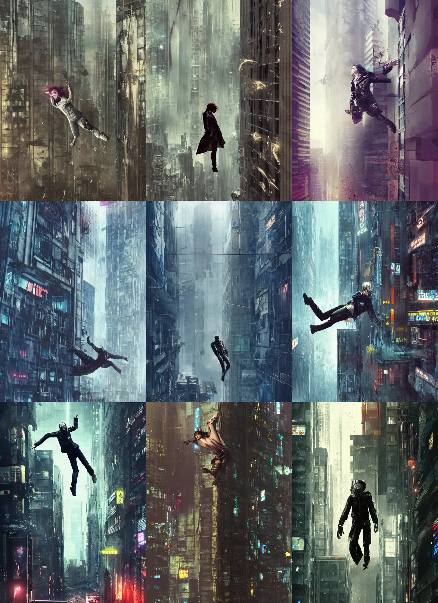 Prompt: movie poster of an android falling off a large windowed building in a muddy cyberpunk city, muted colors, anime, futuristic, highly detailed, octane render, movie poster, wearing a leather trench coat, illustration, digital painting, matte painting, good value control, rule of thirds