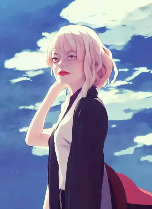 Image similar to portrait of emma stone starring cruella, cloudy sky background lush landscape illustration concept art anime key visual trending pixiv fanbox by wlop and greg rutkowski and makoto shinkai and studio ghibli