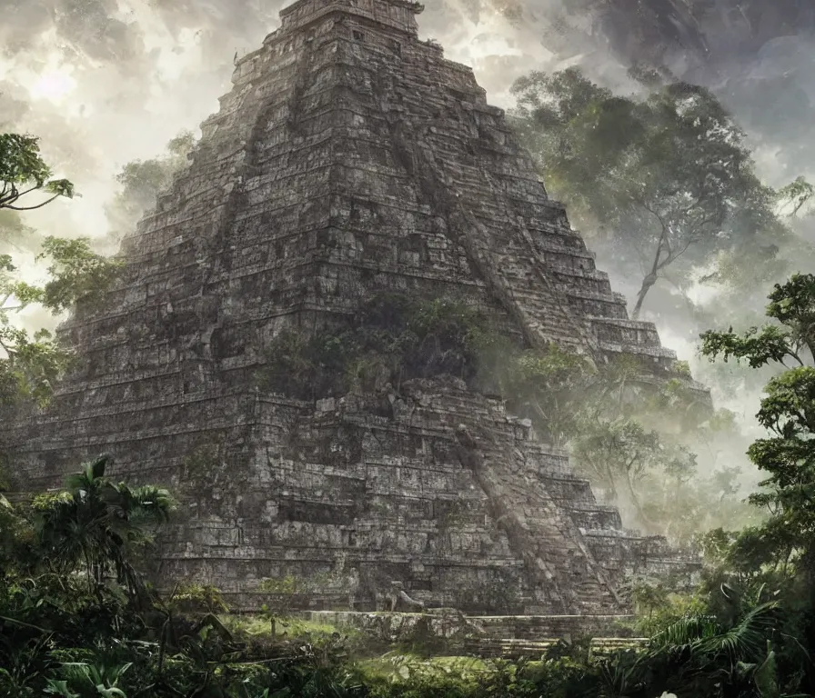 Prompt: a cinematic view of the beautiful ruins of a futuristic mayan temple in the jungle of yucatan, art by federico pelat and greg rutkowski and alejandro burdisio