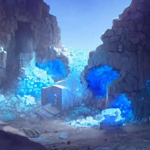 Prompt: concept art painting of a mineshaft with giant blue crystals, realistic, detailed, cel shaded, in the style of makoto shinkai and greg rutkowski and james gurney