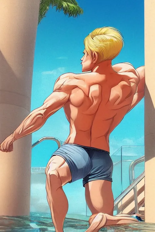 Image similar to a handsome man with blonde hair who is also a male android, ken, muscular, wearing a cut-off white tank top and short light orange shorts, stands by a swimming pool, facing forward, in the style of artgerm and moebius and annie liebovitz, photorealistic, highly detailed