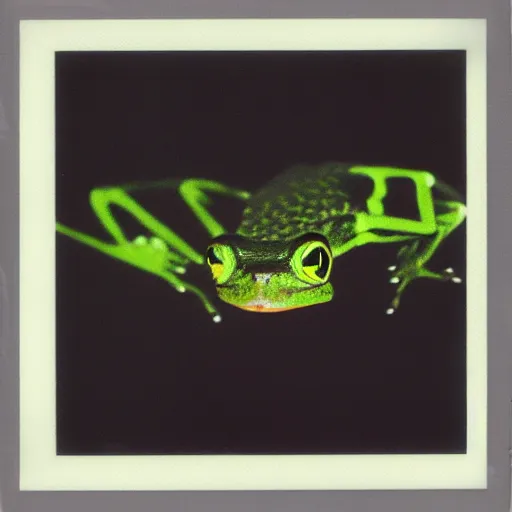 Image similar to flying frog, polaroid photography in style of andrey tarkovski, paranormal, spiritual, mystical, sublime