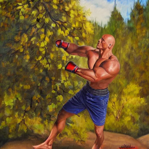 Image similar to Dwayne Johnson punching a tree, oil painting
