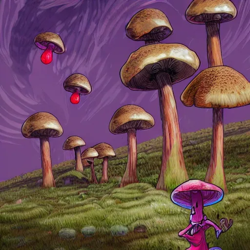 Image similar to 4 k headshot portrait of a psychedelic demonic anthropomorphic bunny rabbit with mushroom themed clothes, magic mushroom village in background by jeff easley, award winning, stylized neon, post - processing, masterpiece, superb resolution. in the art style of junji ito and greg rutkowski. detailed mushroom city in background. hyper realistic anime. perfect art. dalle 2