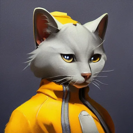 Image similar to Portrait painting of an anthropomorphic gray cat wearing a jacket, as an Overwatch character, medium shot, asymmetrical, profile picture, Organic Painting, sunny day, Matte Painting, bold shapes, hard edges, street art, trending on artstation, by Huang Guangjian and Gil Elvgren and Sachin Teng