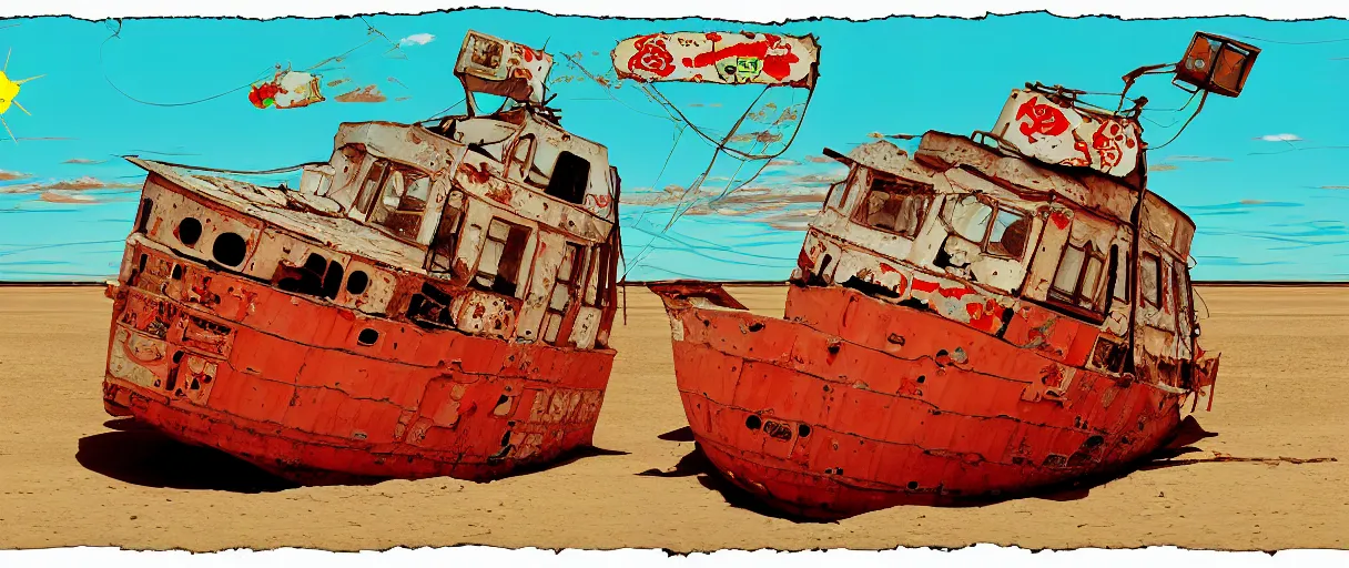 Image similar to an abandoned ship in the aral sea desert, in the style of daniel johnston and outsider art, 8 k, line brush, overlaid with chinese adverts
