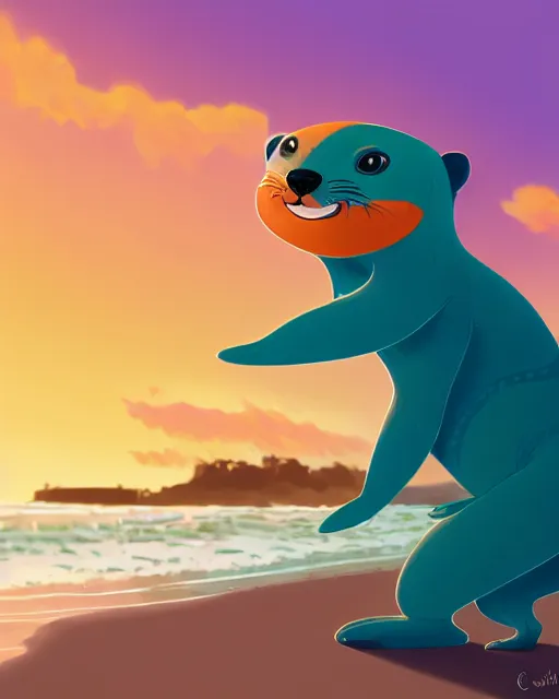 Image similar to a beautiful portrait of a cute anthropomorphic grey otter fursona furry on the beach wearing a wetsuit holding a surfboard, turquoise hair orange nose, smiling, sunset, volumetric light, detailed, by cory loftis, photorealistic, 4 k, hdr, artstation, deviantart, digital illustriation