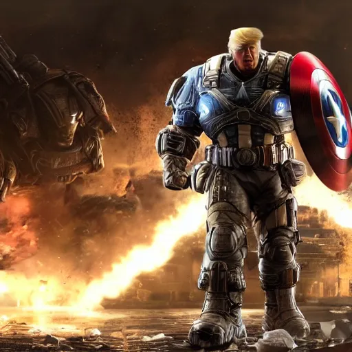 Image similar to Donald Trump as ((captain america)) in Gears of War, patriotic, splash art, movie still, cinematic lighting, dramatic, octane render, long lens, shallow depth of field, bokeh, anamorphic lens flare, 8k, hyper detailed, 35mm film grain