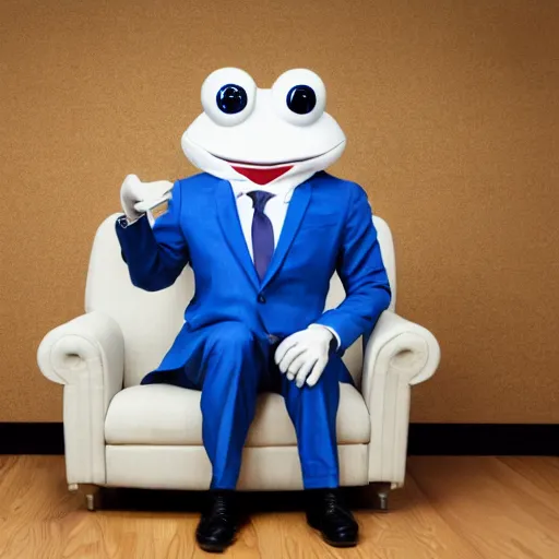 Image similar to professional portrait of a happy anthropomorphic blue frog wearing a suit crossing his arms sitting in an office chair, very intricate, very detailed,