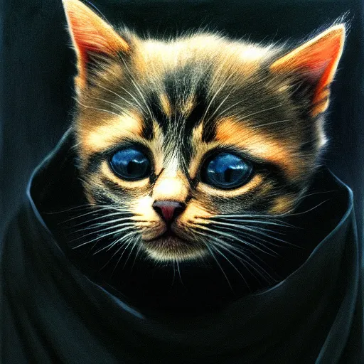 Image similar to a portrait of a kitten wearing a black hood, cloak covering face, anatomically correct, beautiful perfect face, enigmatic, oil painting, matte, black background, Volumetric dynamic lighting, Highly Detailed, Cinematic Lighting, Unreal Engine, 8k, HD, by Beksinski