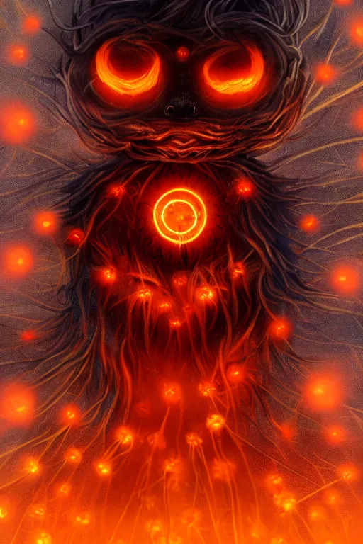 Image similar to a glowing humanoid figure dandelion monster with large glowing eyes, surrounded by fiery orange, highly detailed, digital art, sharp focus, trending on art station, artichoke, anime art style