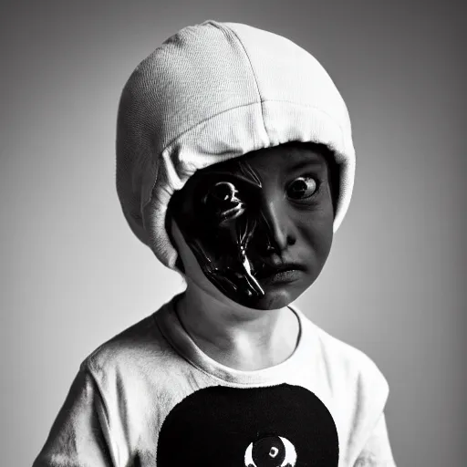 Image similar to the face of punk rock alien at 2 years old wearing balenciaga clothing, black and white portrait by julia cameron, chiaroscuro lighting, shallow depth of field, 8 0 mm, f 1. 8