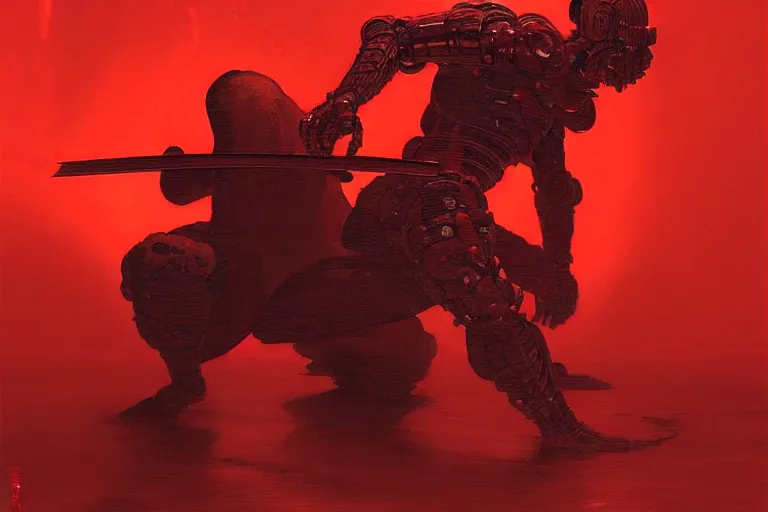 Image similar to only with red, a red cyborg samurai, tokio futuristic in background, some evil yokai fight, in the style of beksinski, parts by edward hopper, parts by rodcenko, parts by yue minjun, intricate and epic composition, red by caravaggio, insanely quality, highly detailed, masterpiece, red light, artstation, 4 k