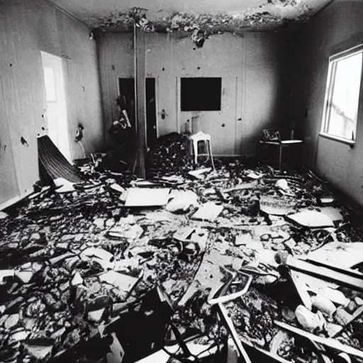 Image similar to The conceptual art shows a scene of total destruction. A room has been completely wrecked, with furniture overturned, belongings strewn about, and debris everywhere. The only thing left intact is a single photograph on the wall. This photograph is the only evidence of what the room once looked like. It shows a tidy, well-appointed space, with everything in its place. The contrast between the two images is stark, and it is clear that the destruction was complete and absolute. camouflage by Martin Deschambault imposing