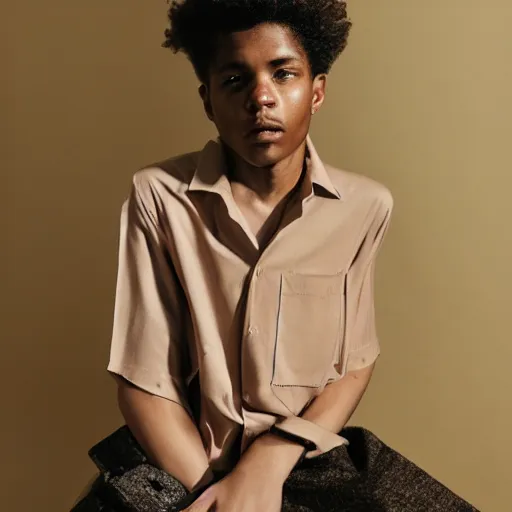 Image similar to realistic photoshooting for a new balenciaga lookbook color film photography portrait of a beautiful woman model, model wears a brown le papier'la chemise machou'shirt, photo in style of tyler mitchell