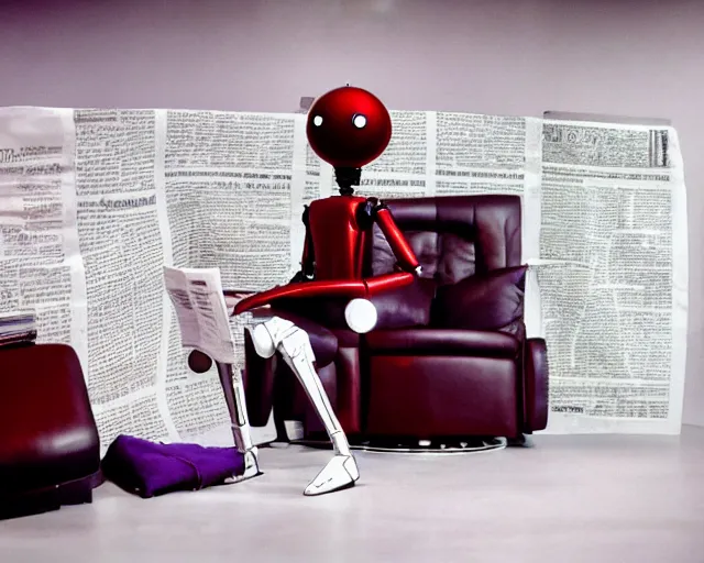 Image similar to Against a white cyc (white cyclorama backdrop) futuristic studious matte brown and red and chrome full-body humanoid robot with two huge round expressive sad purple glowing LED eyes and open rectangular mouth sitting on a large comfortable cushioned 1950s vintage recliner reading a newspaper. open newspaper. full shot Cinematic Movie Photograph, Arri Alexa, Extremely Detailed, smooth, very very clean, white cyc, white background, 8K, octane render, maya render, unreal engine, trending on artstation, DSLR, excellent composition, center frame