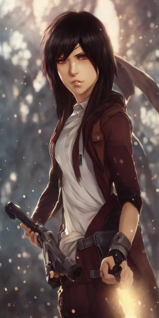 Image similar to mikasa ackerman, hero pose, medium shot, bokeh, beautiful face!!!!, 2 7 years old, cg animation, lifelike, animated, realistic, character select portrait, by artgerm, greg rutkowski, alphonse mucha, 3 d