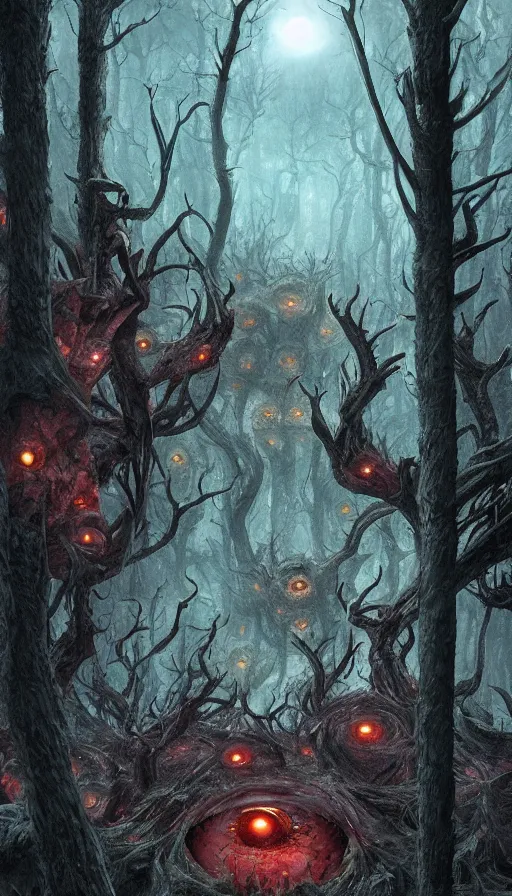 Prompt: a storm vortex made of many demonic eyes and teeth over a forest, by marc simonetti