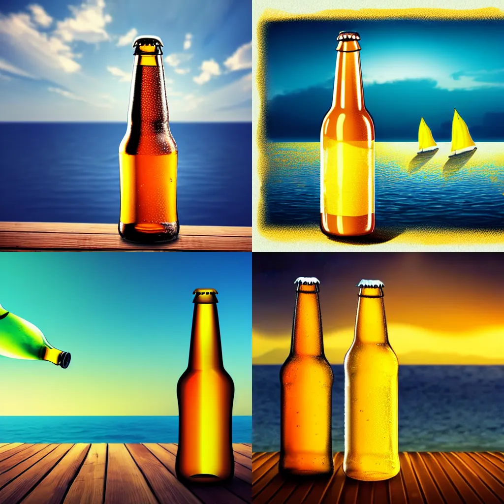 Prompt: beer bottle with sails floating in yellow beer sea, beautiful horizon, concept art