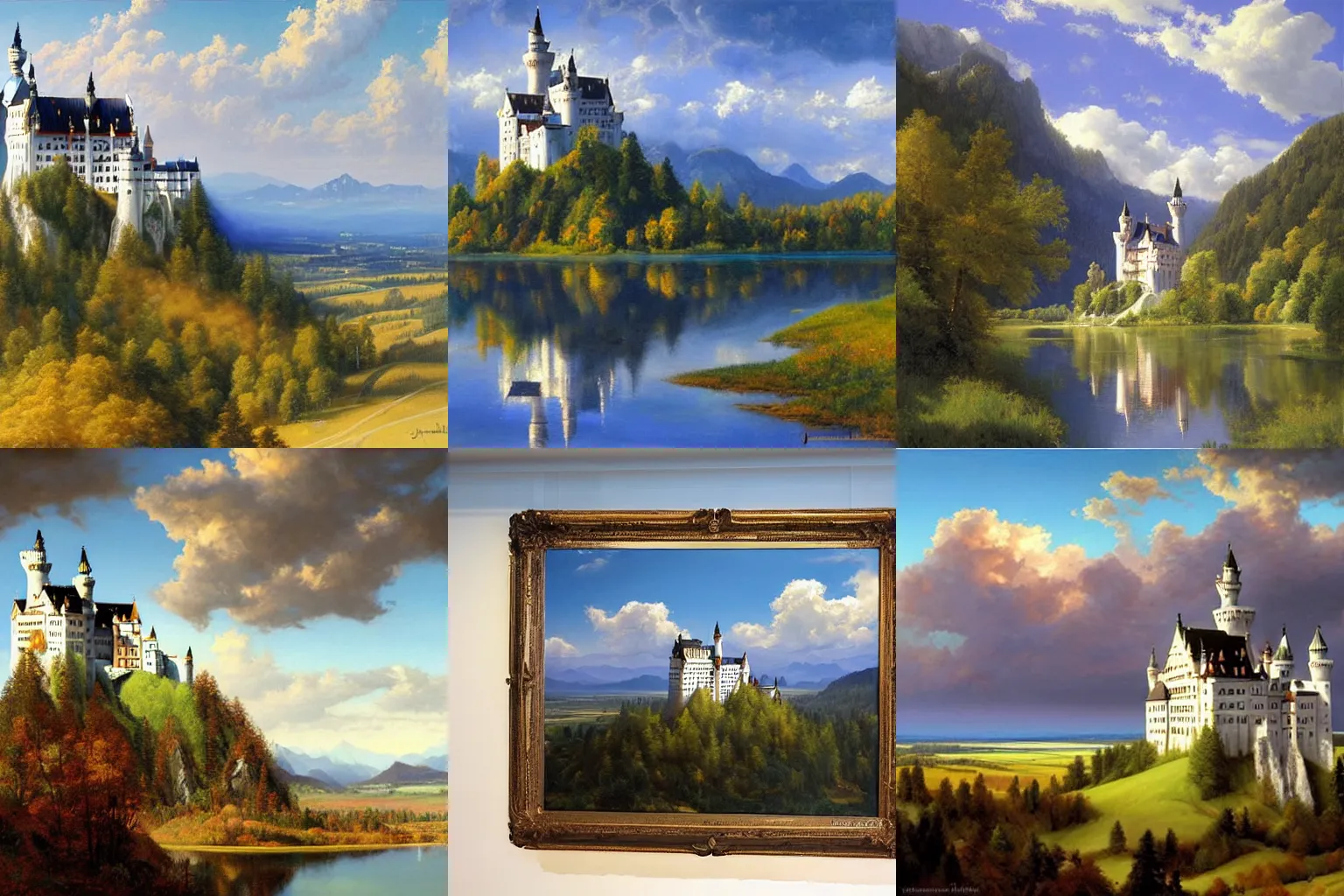 Prompt: a landscape full of neuschwanstein castles stretching to the horizon, many castles, different castles. light mood, blue sky with some clouds. painting by james gurney and justin gerard