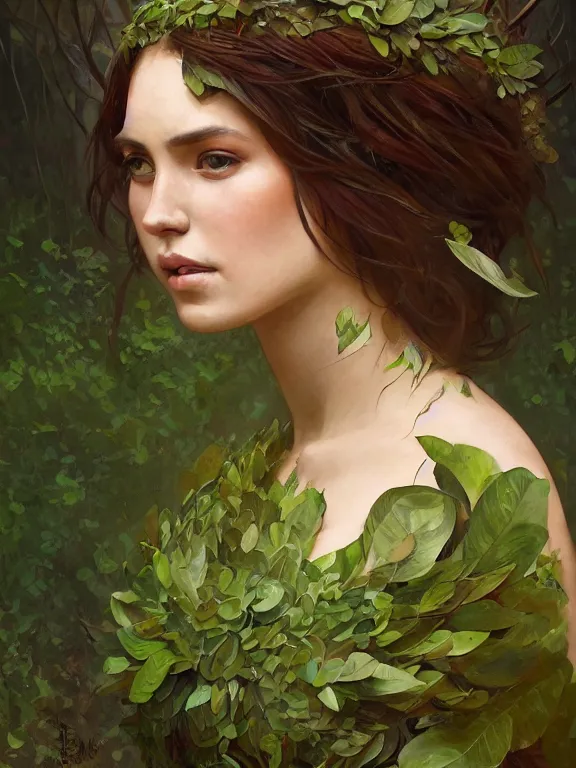 Prompt: portrait of a forest mage, female, delicated face, dress made of green leaves, gorgeous, green hair, brown skin, curves, forest background, smooth, sharp focus, digital painting, artgerm and greg rutkowski and alphonse mucha