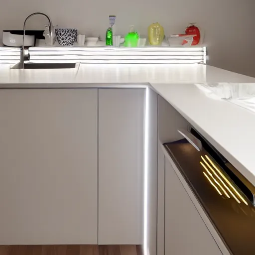 Prompt: kitchen plinth with led strip lights, homes and gardens, photo,