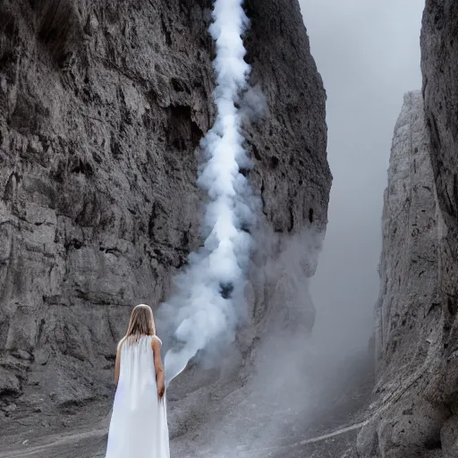 Prompt: photo, a woman in a giant flowing incredibly long dragging white dress made out of white smoke, standing inside a dark western rocky scenic landscape, volumetric lighting