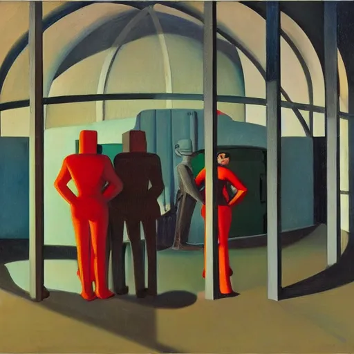 Prompt: brutalist robots queue inside a dome, pj crook, grant wood, edward hopper, syd mead, chiaroscuro, oil on canvas