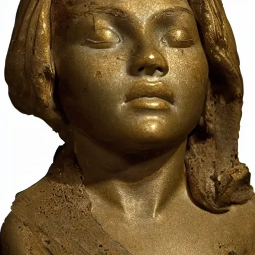 Image similar to an extremely ancient rusty iron bust of tuesday weld that is tarnished and covered in sediment from uncovered earth expedition, rare photograph, smithsonian,
