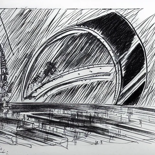 Prompt: a black ink sketch of a alien civilization srchitecture