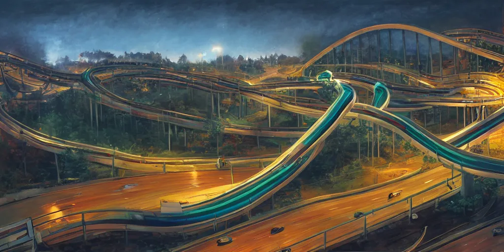 Prompt: a highway that turns into a roller coaster, cinematic lighting, detailed oil painting, hyperrealistic, 8k