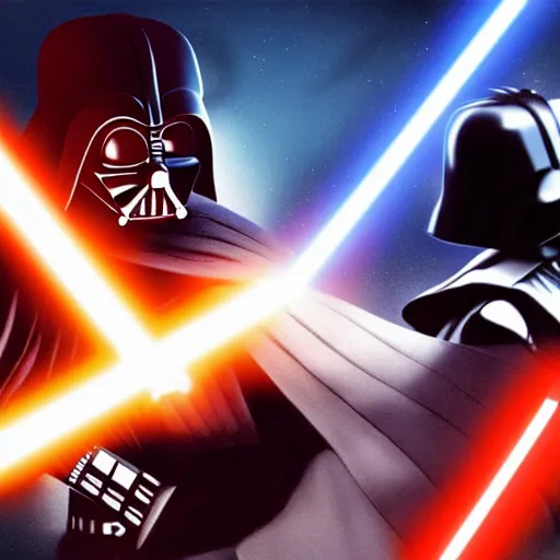 Image similar to Linus Torvalde fighting Darth Vader with a gun