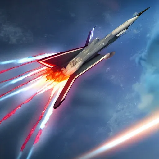 Prompt: cinematic areal shot of a fighter jet exploding from the energy wave concept art