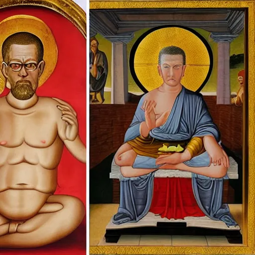 Prompt: hank hill as christian god, bobby hill as buddha, italian renaissance religious painting, painting by carlo crivelli, art by mike judge, painting by maso di banco, painting by berlinghiero n - 9