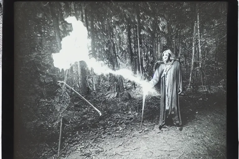 Prompt: old polaroid of a mage casting a spell, wide angle, full body