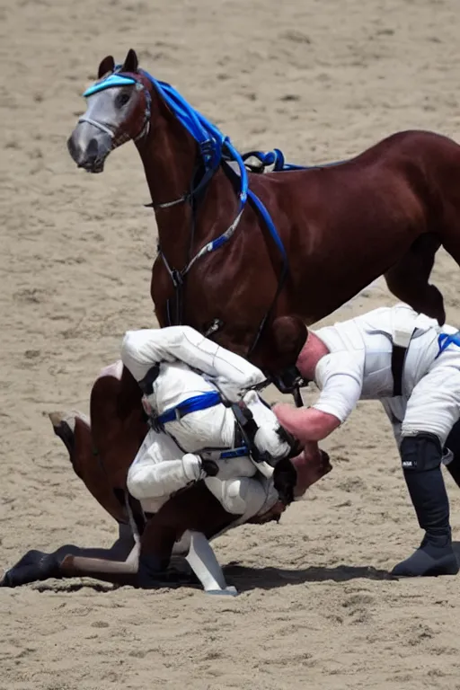 Prompt: horse wrestles astronaut pilot spaceman on all fours on hands and knees in grappling in closed guard on mount position