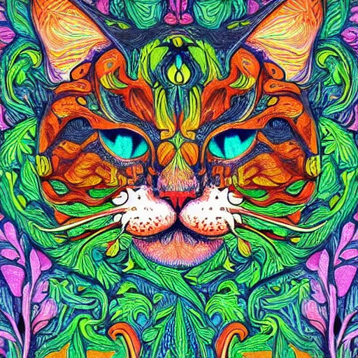 Image similar to colourful ornate decorative green man as a cat face by louis wain and william morris, closeup, twisting leaves, abstract psychedelic, 8 k, artstation