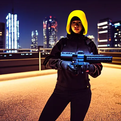 Image similar to photographic portrait of a techwear woman holding a Glock 18, closeup, on the rooftop of a futuristic city at night, sigma 85mm f/1.4, 4k, depth of field, high resolution, 4k, 8k, hd, full color