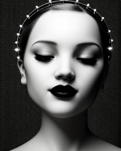 Image similar to black and white dreamy young beautiful female artificial intelligence with a techno crown, cinematic, rim light, bokeh, photo - realistic, elegant, high detail, 8 k, masterpiece, photo taken in 1 9 3 0