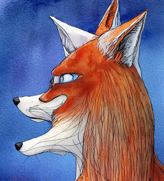 Image similar to a 3 / 4 view watercolor ink painting of an anthromorphic fox as a witch in the style of jean giraud in the style of moebius trending on artstation deviantart pinterest detailed realistic hd 8 k high resolution