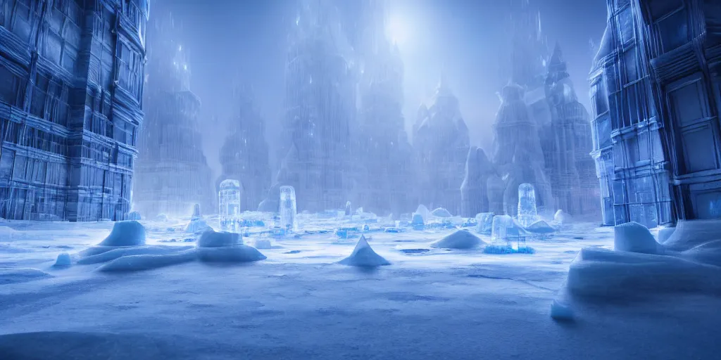Prompt: inside an ethereal ice city, highly detailed, 4 k, hdr, award - winning, octane render, artstation