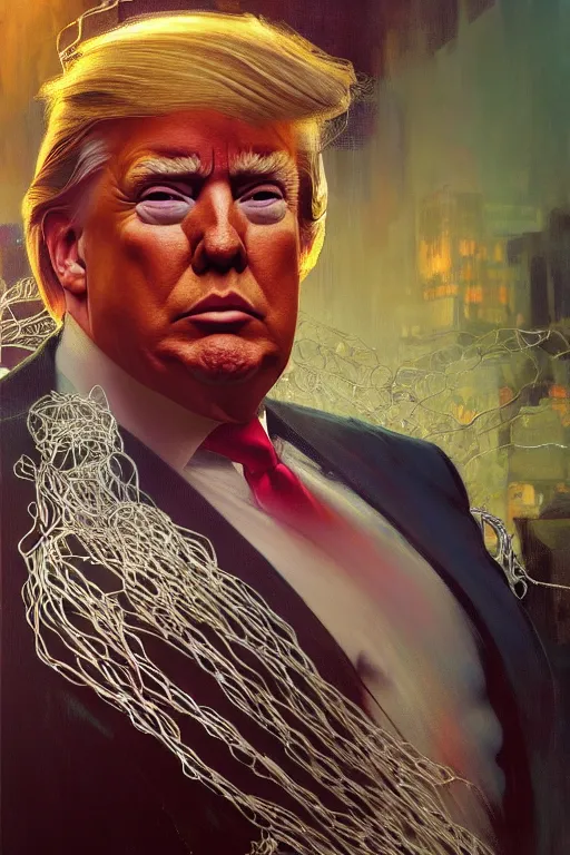 Prompt: hyperrealist portrait of donald trump, it is decorated with wires and monitors. by jeremy mann and alphonse mucha, fantasy art, photo realistic, dynamic lighting, artstation, poster, volumetric lighting, very detailed faces, 4 k, award winning