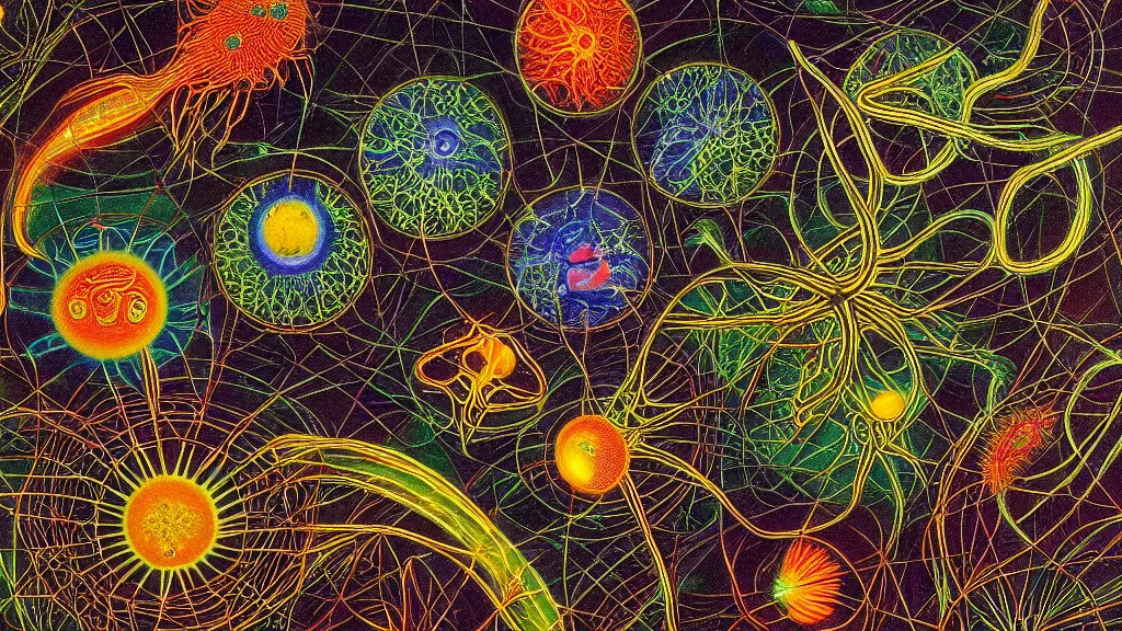 Prompt: quantum connections represented as symbiotic organisms like cells playing around with colorful lights by ernst haeckel, shinny