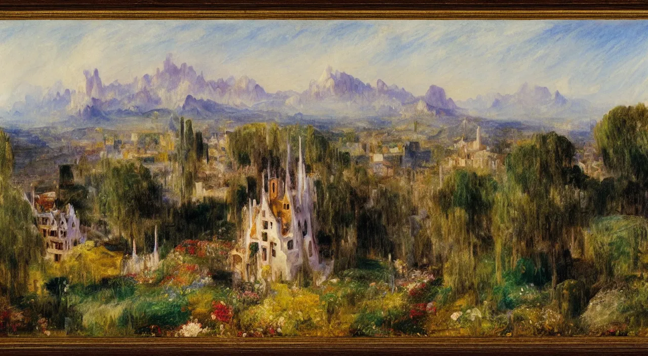 Image similar to a landscape painting of a house designed by Antoni Gaudí, with flower fields as foreground, with mountains as background, by J. M. W. Turner