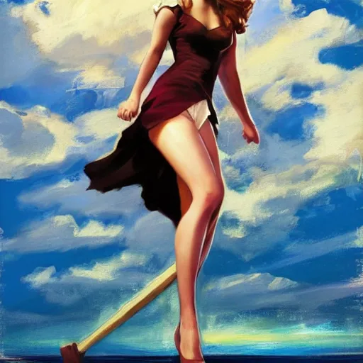 Image similar to pinup art of emma watson as hermione granger in a beach, artwork by greg manchess, medium shot, asymmetrical, organic painting, sunny day, matte painting, bold shapes, hard edges, street art, trending on artstation, by huang guangjian and gil elvgren and sachin teng 1 9 5 6